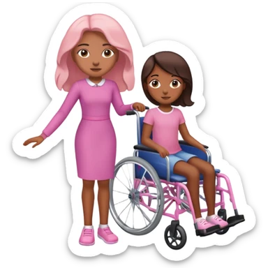 One tan skin sister standing behind her brown skin sister in a pink wheelchair sticker