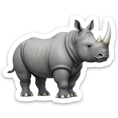 cinematic-rhino-full-body-standing-emoji,white horn, slate grey skin -massive-body-poised-powerfully,-thick-horn-curving-slightly-forward,-head-tilted-dramatically,-rough-grey-hide-covered-in-dust,-simplified-focused-features, sticker