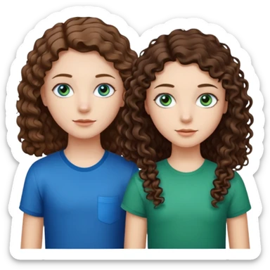 Two girls brunette one with straight long hair and blue eyes one with curly hair middle length and green eyes and the other a boy lighter brown with blue eyes sticker