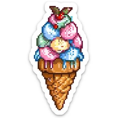 pixel art ice cream emoji, pastel pink scoop with creamy swirl, cherry on top, light brown cone with waffle pattern, 16x16 grid, simple, vivid outlines, subtle shadow under scoop, kawaii face with blush and tiny smile sticker