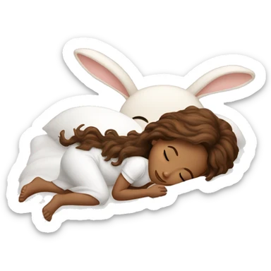 girl with brown beautiful hair sleeps in white bed with bunny sticker