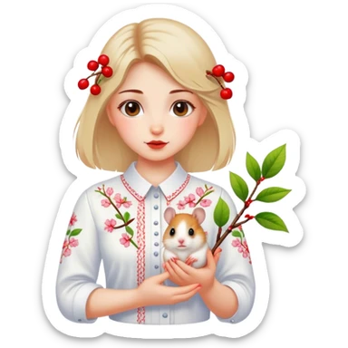 A Ukrainian girl in a white embroidered shirt holds a branch with a blossoming cherry and a hamster sticker