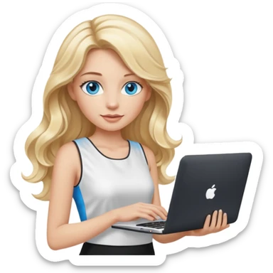 3D Apple-style emoji of a blonde woman whits long wavy hair, with bright blue eyes,
wearing a white sleeveless top,
holding a silver laptop,
clean white background, smooth rounded design
black suite sticker