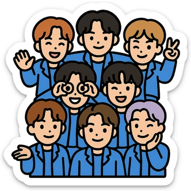 BTS group emoji, all seven members, playful pose, matching outfits, outlined color icon style sticker