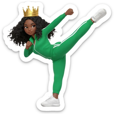 White curvy female with super wavy black hair wearing a crown and doing a high kick wearing a green track suit sticker