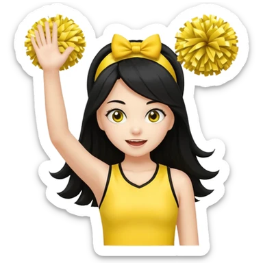 A long black hair teen girl waving pom-poms, eyes sparkling with excitement, yellow cheer leader top sticker