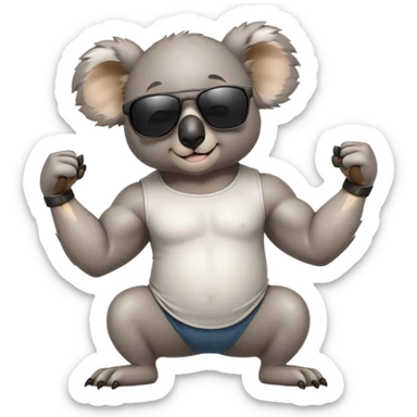 anthropomorphised koala in casual clothing, wearing dark sunglasses, flexing muscles sticker