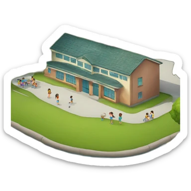 a small school with river in the back and children play in the playground sticker