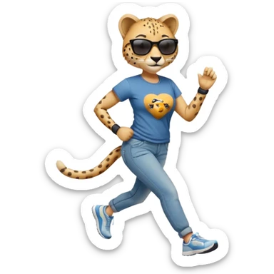 friendly anthropomorphised female cheetah in jeans and t-shirt, wearing dark sunglasses, jogging upright in relaxed pose sticker