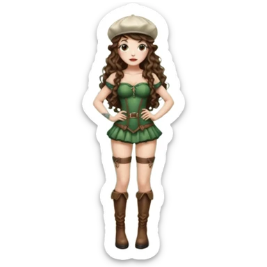 full body woman long curly brown hair brown eyes white skin tattoos wearing mushroom cap hat and thigh high boots, hands on hips, sexy forest sprite sticker