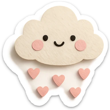 kawaii small fluffy cloud, raining tiny pink hearts, soft pastel palette, no arms or legs, full body, paper craft style sticker