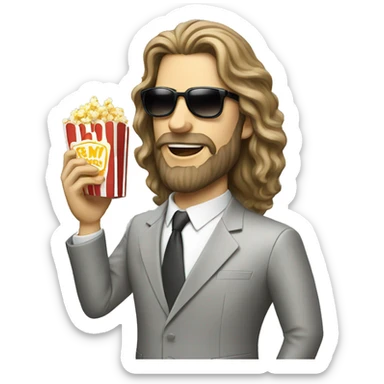 long hair white man in suit with sunglasses eating popcorn with a cap sticker