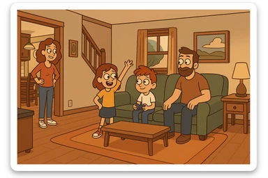 a cozy family home, warm and inviting, in a modern cartoon style sticker