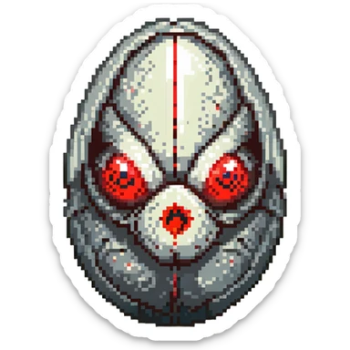 a strange large transparent alien egg, floating inside with a visible creature inside, embryo, embryonic, fetal shape, primordial, early growth, 3 glowing red eyes, illuminated from above, shining glass egg sticker
