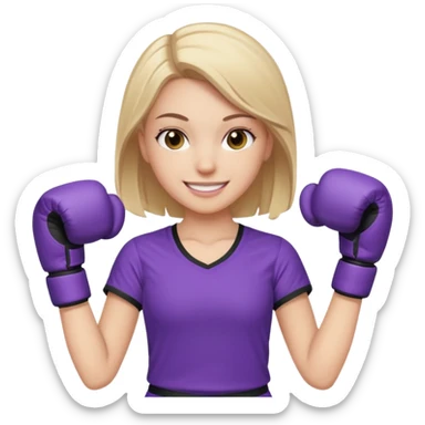 a white girl in  purple gear kickboxing smiling with a full shirt on sticker