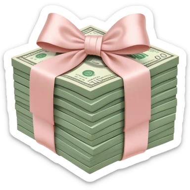 Neat rectangle money stack tied with a blush satin bow, muted green $100 bills, soft luxury rich  sticker