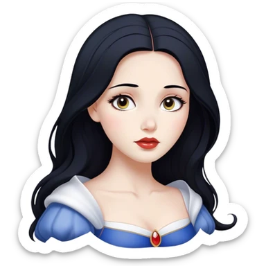Cinematic Serene Snow White Portrait Emoji, rendered in a simplified vector style. Depict a gentle Snow White (chest and above) with flawless porcelain skin and flowing raven hair, her kind eyes and calm expression exuding a quiet, enchanting charm. The image glows softly with an inviting, pure light and is outlined with a subtle glow. sticker