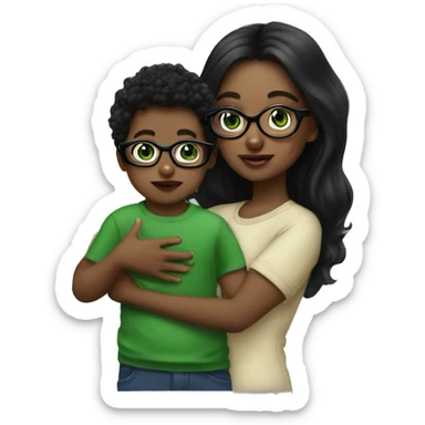 Black long hair, green eyes and glasses, big lips girl holding one year old green eyes baby boy sticker