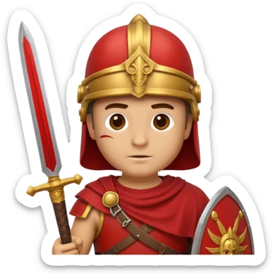 An emoji portrait of a Roman legionary soldier. He wears a helmet and a red tunic. His expression is stern and focused. He holds a short sword. sticker