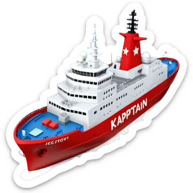 Realistic 3D icon of icebreaker "Kapitan Krutov" (grey hull, red star, white superstructure, "РОСМОРПОРТ" lettering). Soft winter lighting, 3/4 aerial view. Fractured blue ice, white background. High detail, photorealistic GSON style. sticker