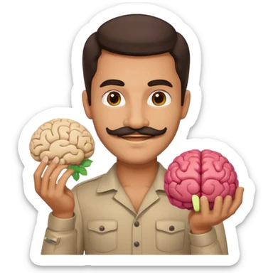 attractive man with dark hair and mustache holding a brain as an emoji sticker