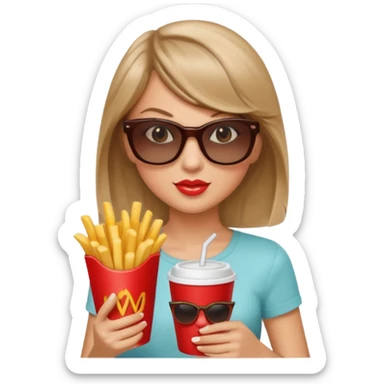 Taylor Swift, wearing sun glasses,  holding a cup of fries





































 sticker