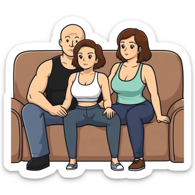 One Caucasian woman with brown hair big boobs wearing pants and a tank top, kneeling on a couch next to a sitting bald man. sticker
