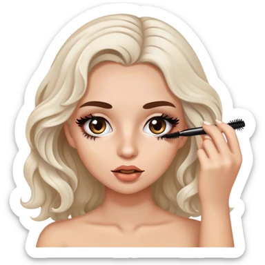 Create a girl with white skin that’s slightly very slightly tan white brown wavy hair putting on mascara  sticker
