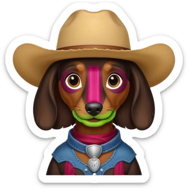 mostly black with some brown long hair daschund with a cowboy hat sticker