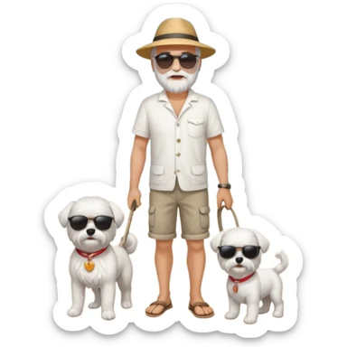 white man grey hair beard holding a white Maltese on a beach full body sticker