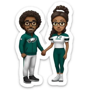 Brown guy and brown girl with glasses and hair in a bun in Philadelphia eagles clothes holding hands sticker