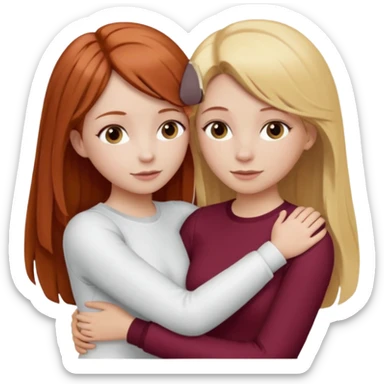 two girls who hug eachother. one has auburn hair with blonde highlights and very pale skin , other has medium-fair skin and blonde hair. girl with auburn or dark blonde hair is wearing a white outfit and girl with blonde hair is wearing a burgundy outfit sticker