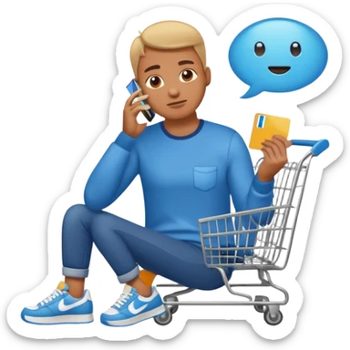 Emoji-style illustration of a person holding a credit card, hand on chin thinking. A thought bubble above the head showing clothes, sneakers, and a shopping cart, representing deciding whether to spend money. Clean, modern emoji style, bright colors, white or transparent background. sticker