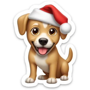 Small happy Tan dog with down-turned ears in a Santa hat sticker