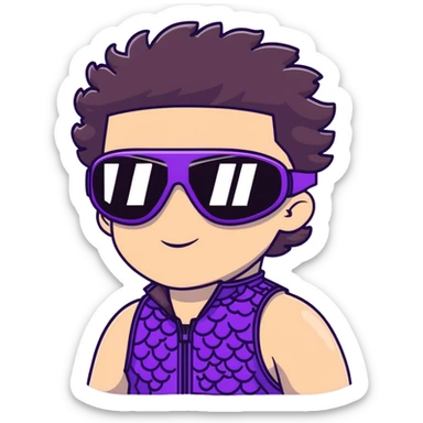 close-up of male athlete with white skin and moderately curly dark brown hair on top with shaved sides, wearing ski goggles with purple frames and very dark black lenses, a simple plain black chain necklace, and a completely unzipped sleeveless vest with purple and black sequin fire pattern design with no logo, frame centered on face and upper chest sticker