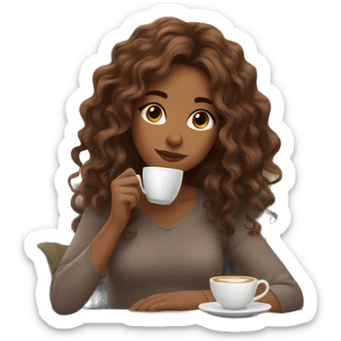aesthetic girl with brown wavy hair sipping coffee in a cute coffee shop  sticker