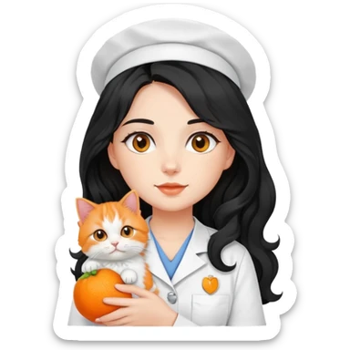 a girl with long black wavy hair in her white nursing uniform holding her orange persian cat sticker