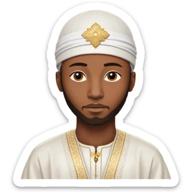 Muslim Black man of West African origin, deep brown skin, dressed in a white bazin riche with embroidery, kufi cap, standing in a warm sunset atmosphere, calm and spiritual look, photo realistic, cinematic lighting, 4K, high detail. sticker