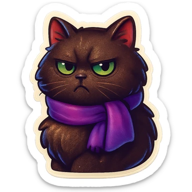 Fluffy grumpy cute dark-brown cat with green eyes and a purple scarf sticker