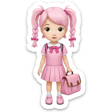 small girl wearing pink student uniform, white dress, white shoes and a bow on her pigtail hair, holding school bag sticker