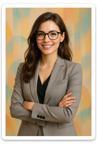 a pretty girl with glasses, wearing a suit, smiling, modern style sticker