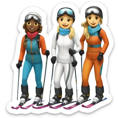 4 women skiing down a mountain. 3 are white 1 is tanned sticker