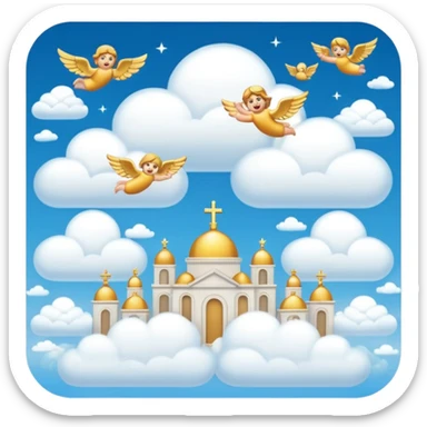 heaven with golden cities, clouds, and angels flying through the sky, emoji style sticker