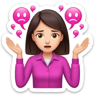 Social media manager. She has dark brown hair, brown eyes,stressed expression, exhaling deeply, hands slightly raised showing frustration. Use vibrant colors with a focus on pink and fuchsia tone sticker