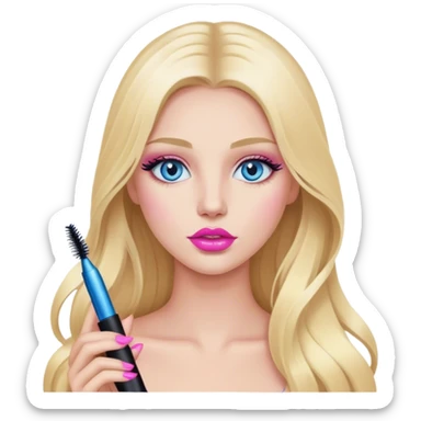 Cinematic realistic blonde with long hair, blue eyes and pink lips with mascara in her hands sticker