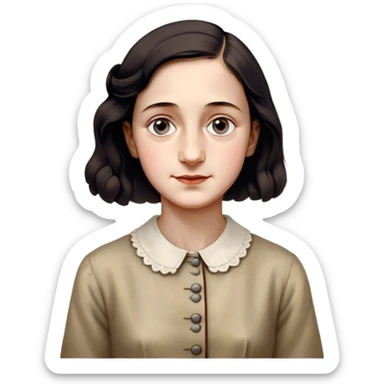 Anne Frank – Cinematic Realistic Portrait of Anne Frank, depicted with a reflective, gentle expression in period clothing, her eyes conveying hope and resilience, rendered with soft, natural lighting and delicate textures that capture the poignancy of her legacy. sticker