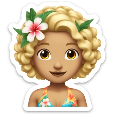 White hula girl with shoulder length blond curly hair, blue eyes, with a tropical bikini top and flowers in her hair sticker