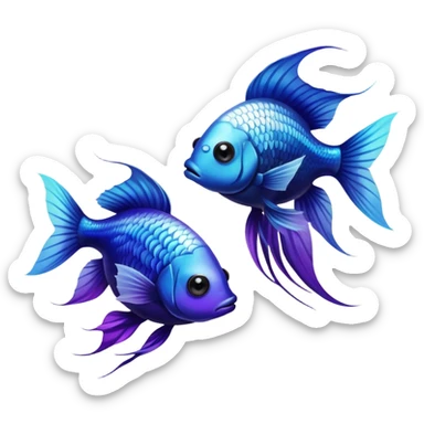 Two beta fishes, one is a white beta fish with a light blue eye, the other is a black beta fish with a purple eye sticker