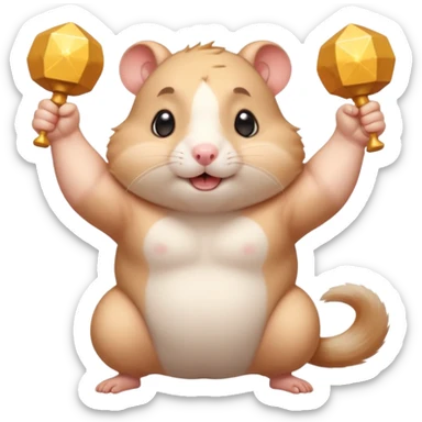 Cute chubby cartoon-style hamster flexing tiny arms like a bodybuilder, sparkles around it, triumphant expression. Painterly shading, white background, sticker-style illustration. sticker