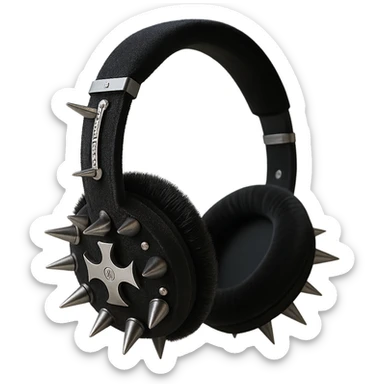 Remove the background, keep only the realistic black gothic headphones with velvet ear cups, silver spikes, and subtle cross motifs, photorealistic style, with no background. sticker